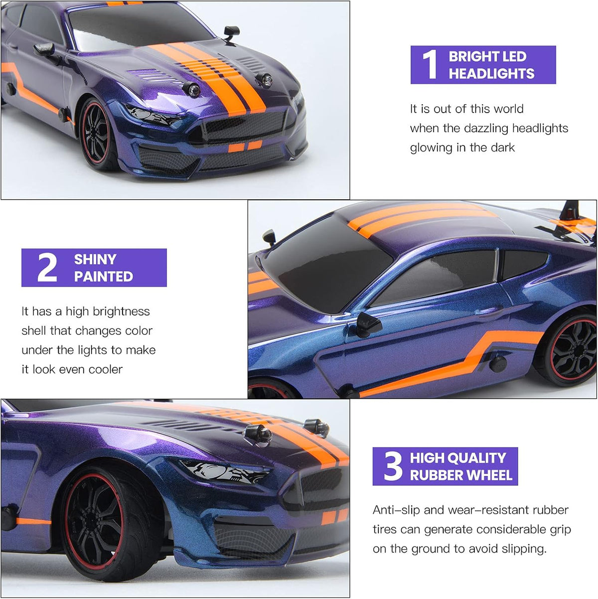 Remote Control Car RC Sport Racing Car 4WD RTR Vehicle with LED Lights, Two Batteries and Drift Tires + Racing Tires S124260