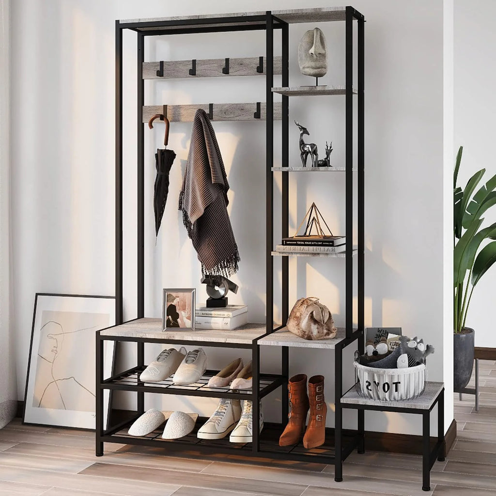 Hall Tree with Shoe Storage Bench, Coat Rack with 7 Hooks, 4 Tier Side Shelves S2982