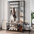 Hall Tree with Shoe Storage Bench, Coat Rack with 7 Hooks, 4 Tier Side Shelves S2982