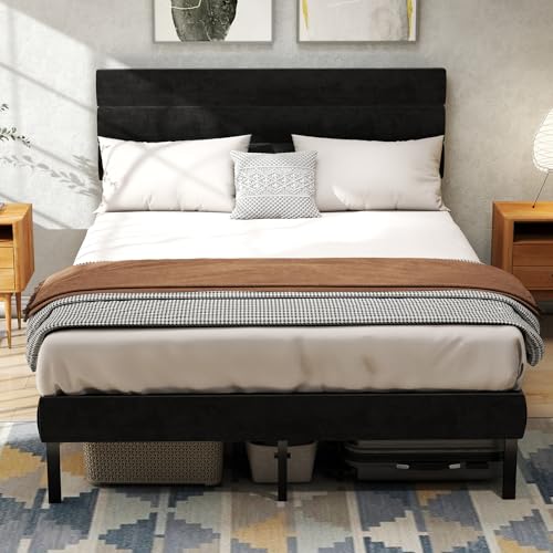 Grey Linen Upholstered Full Size Metal Platform Bed Frame V23470