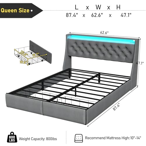 Queen Size Metal Platform Bed Frame with Storage Headboard and 4 Drawer E240