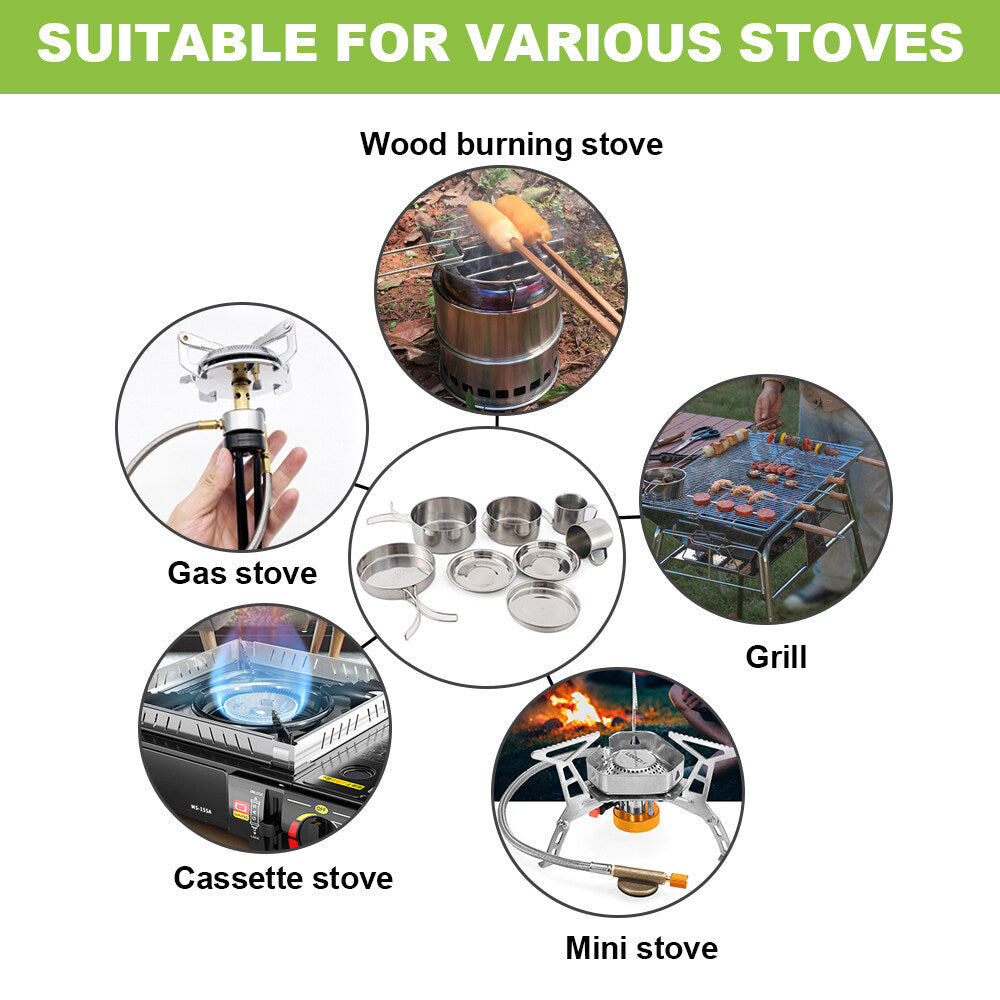 Stainless Steel Camping Cookware Mess Kit 8PCS with Plates Cups D507