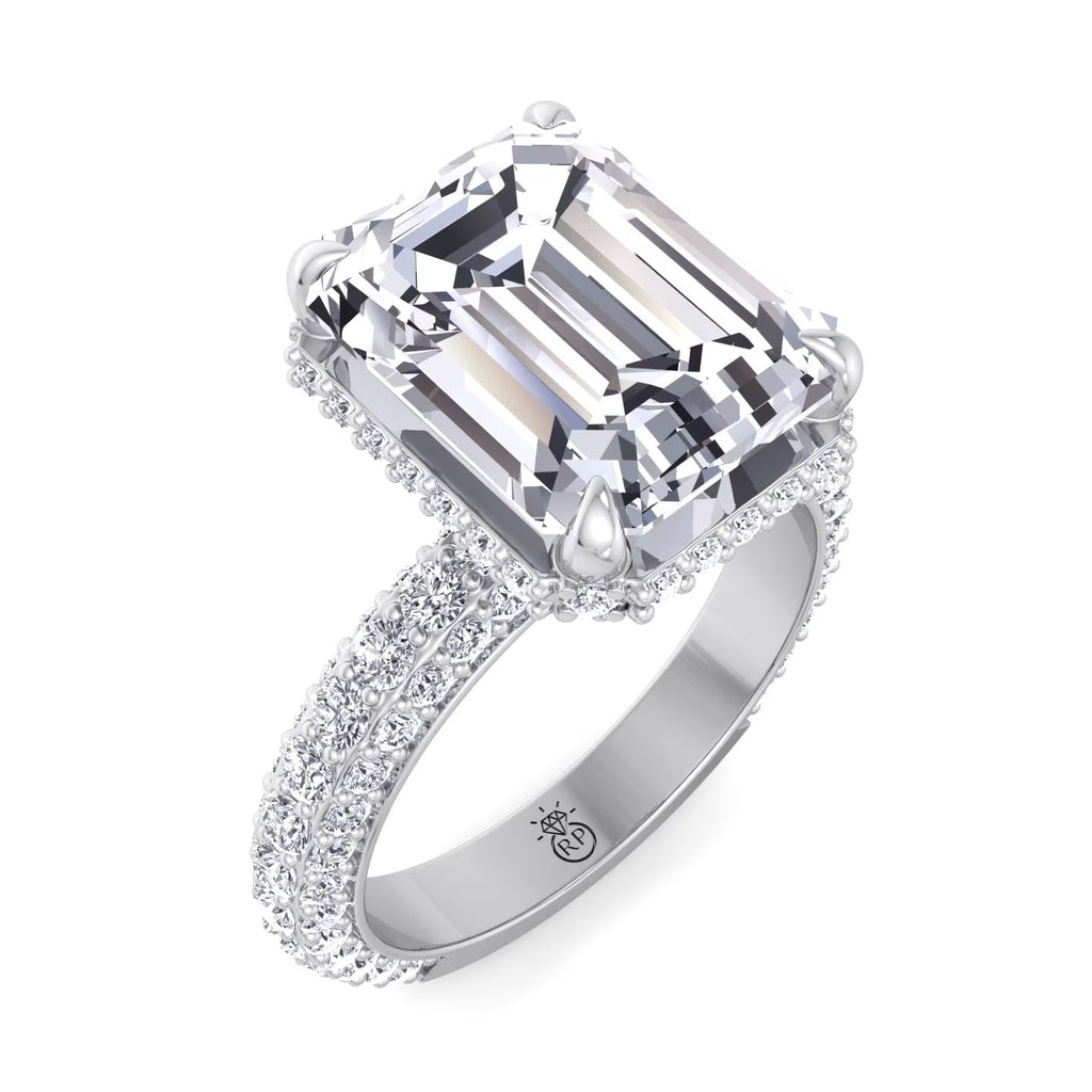 Moissanite Emerald Cut Lab Diamond Engagement Ring with Sidestones and Hidden Halo U136