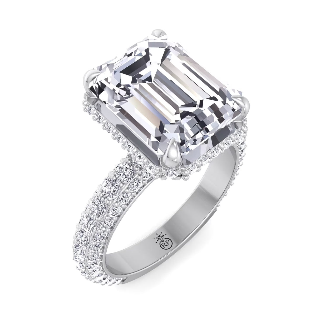 Moissanite Emerald Cut Lab Diamond Engagement Ring with Sidestones and Hidden Halo U136