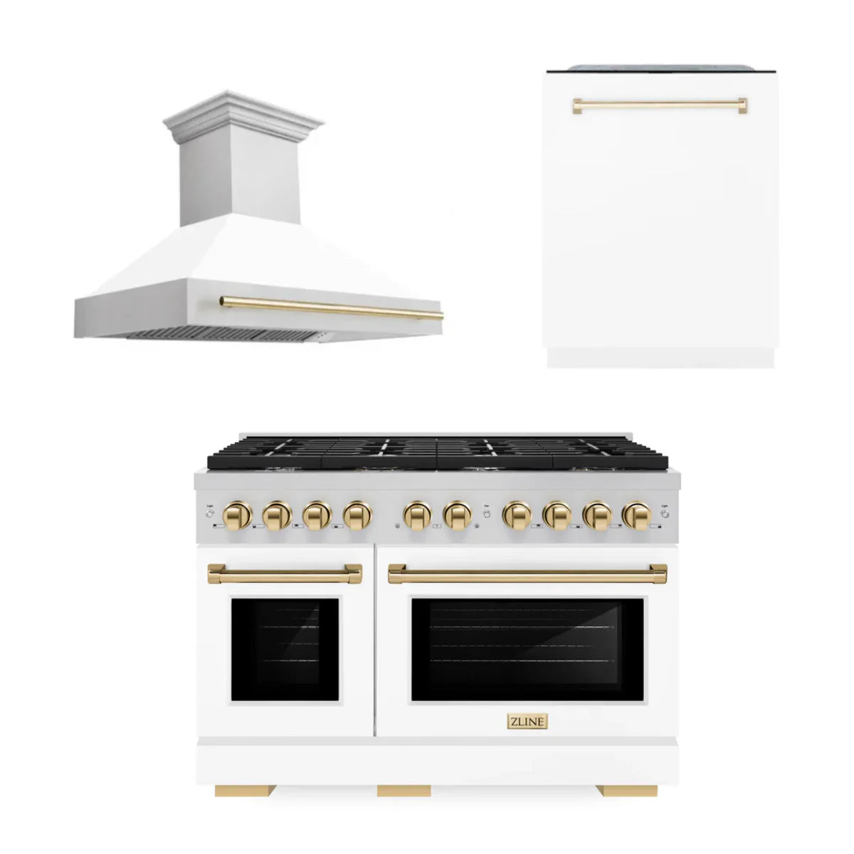 48 In. Gas Range, Range Hood and Dishwasher with White Matte Door and Gold Accents I83061