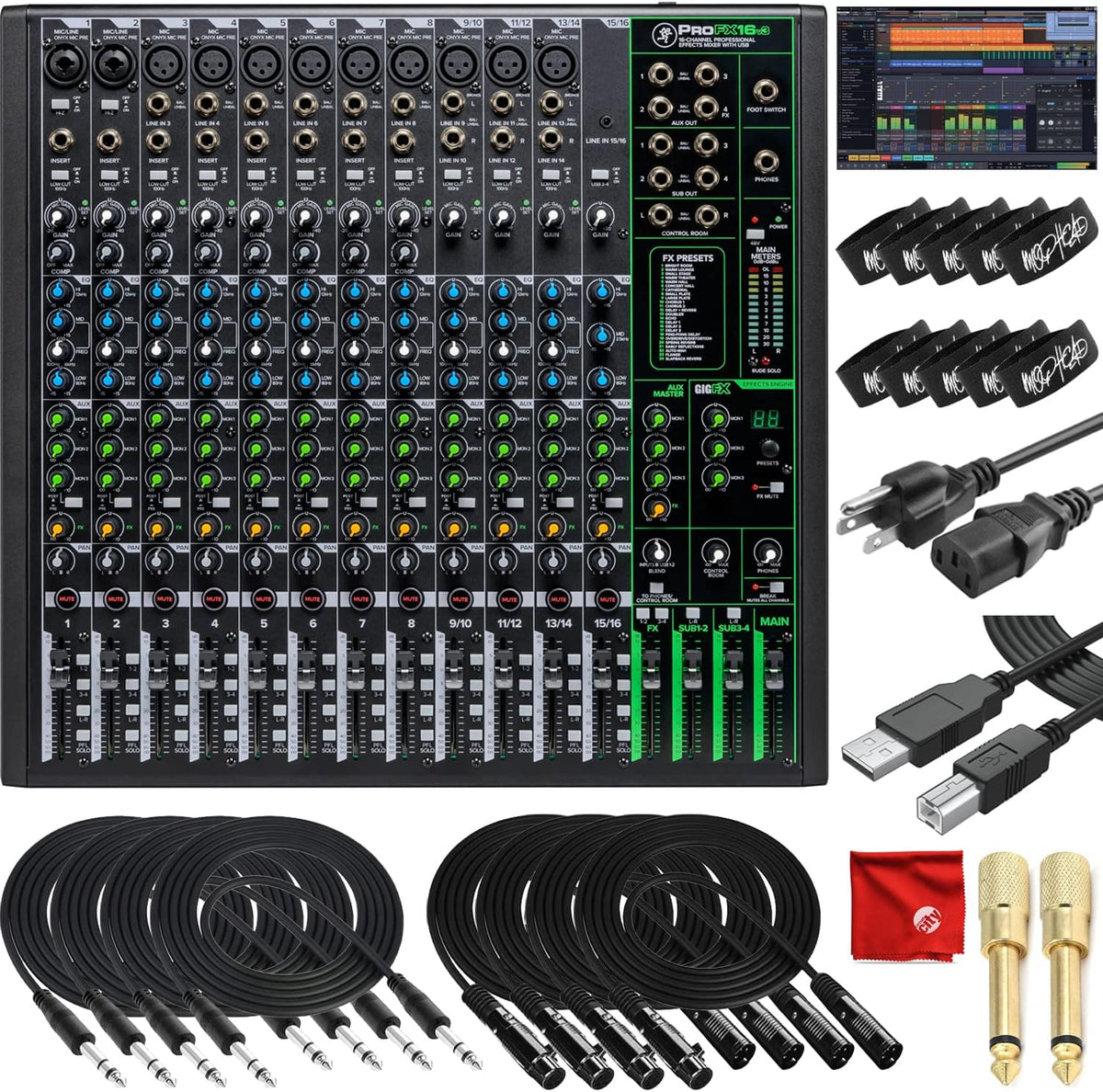 16-Channel Unpowered Mixer with TRS Cable, XLR Cable, Adapter and Microfiber Cloth R638509