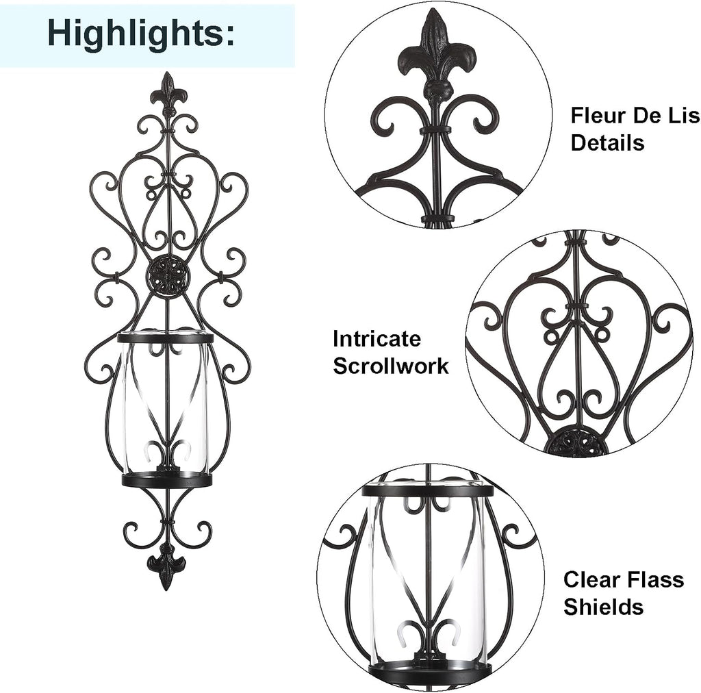 Set of 2 Antique Dark Brown Iron and Glass Wall Candle Sconces R2466