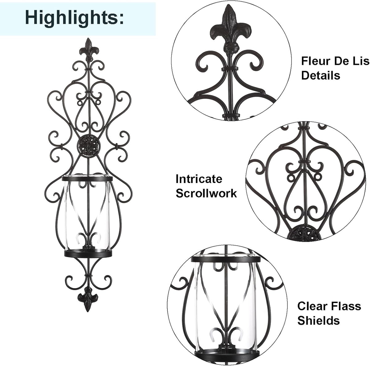 Set of 2 Antique Dark Brown Iron and Glass Wall Candle Sconces R2466