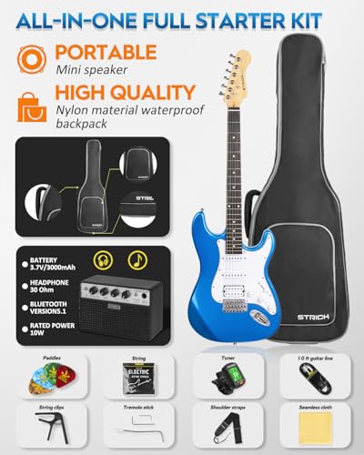 39" Full Size Electric Guitar HSS Pick Up with 10W Amp, Bag, Digital Tuner, Capo, Strap, String, Cable, Picks M6362