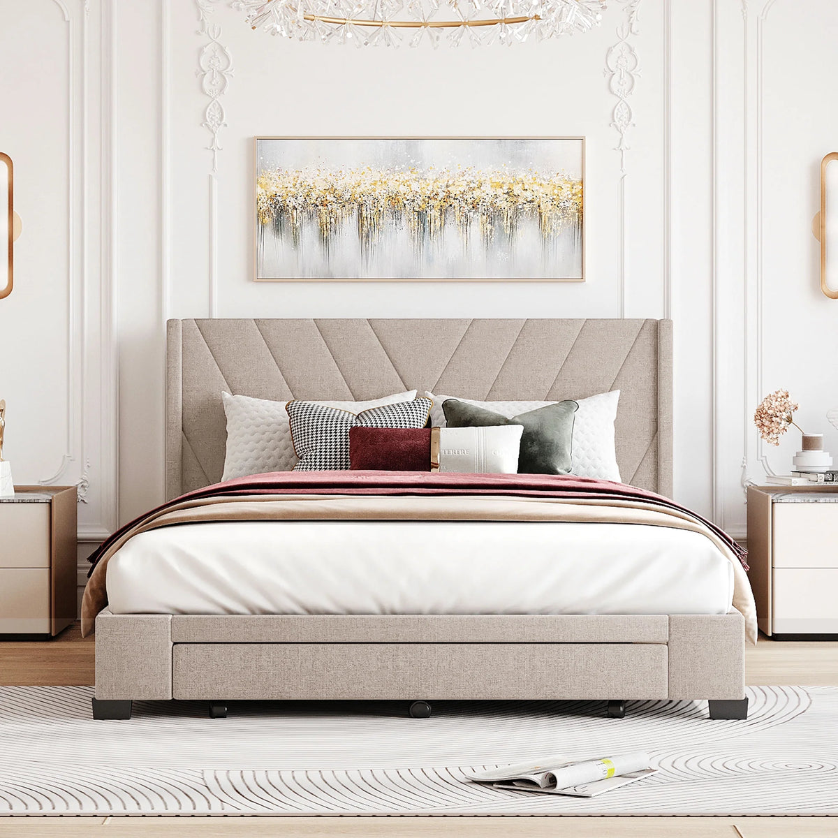 Beige Queen Size Upholstered Storage Bed Frame N749176