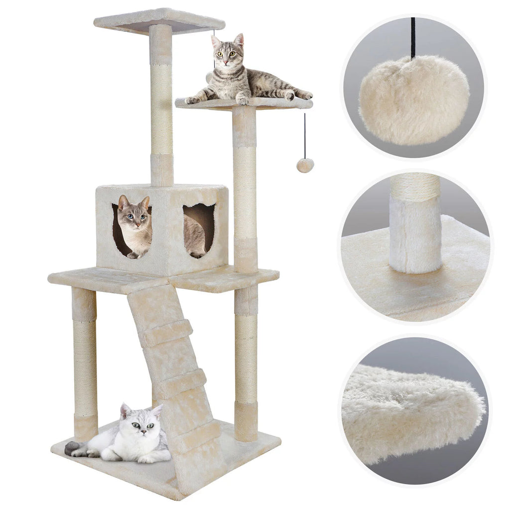 52" Beige Cat Tree Tower with Sisal-Covered Scratching X9172