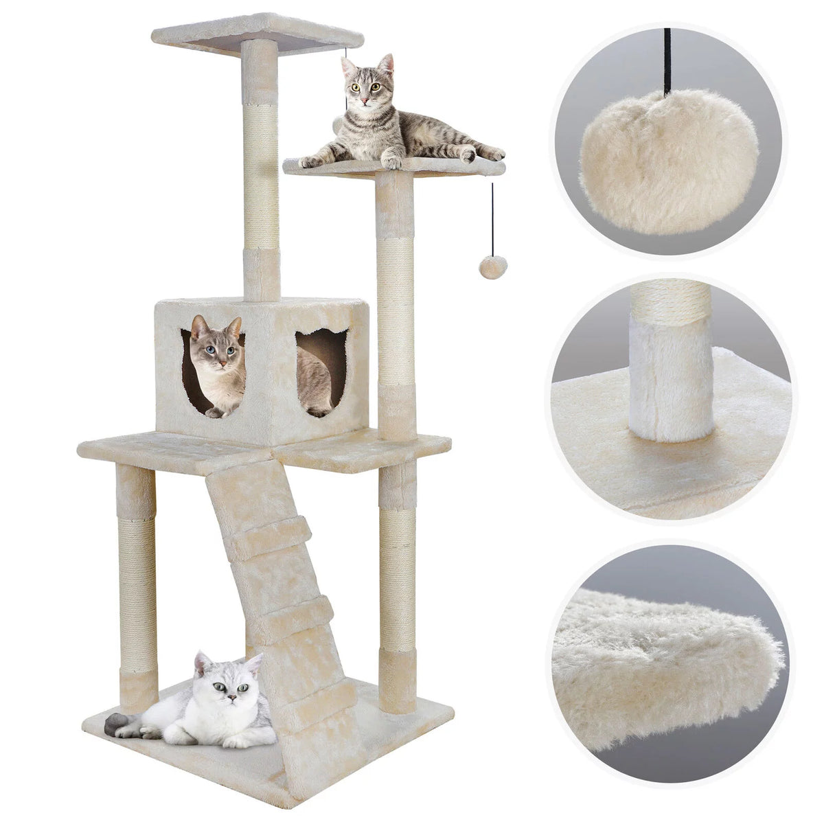 52" Beige Cat Tree Tower with Sisal-Covered Scratching X9172