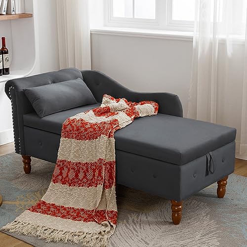Black Velvet Chaise Lounge with Storage and Pillow D4433
