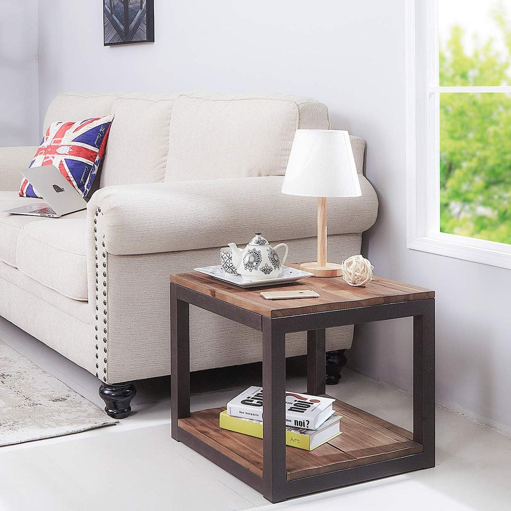 Vintage Industrial Side End Table with Storage Shelf, Reclaimed Wood, Rustic Brown Metal Frame T177