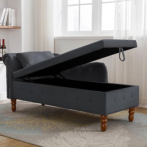 Black Velvet Chaise Lounge with Storage and Pillow D4433