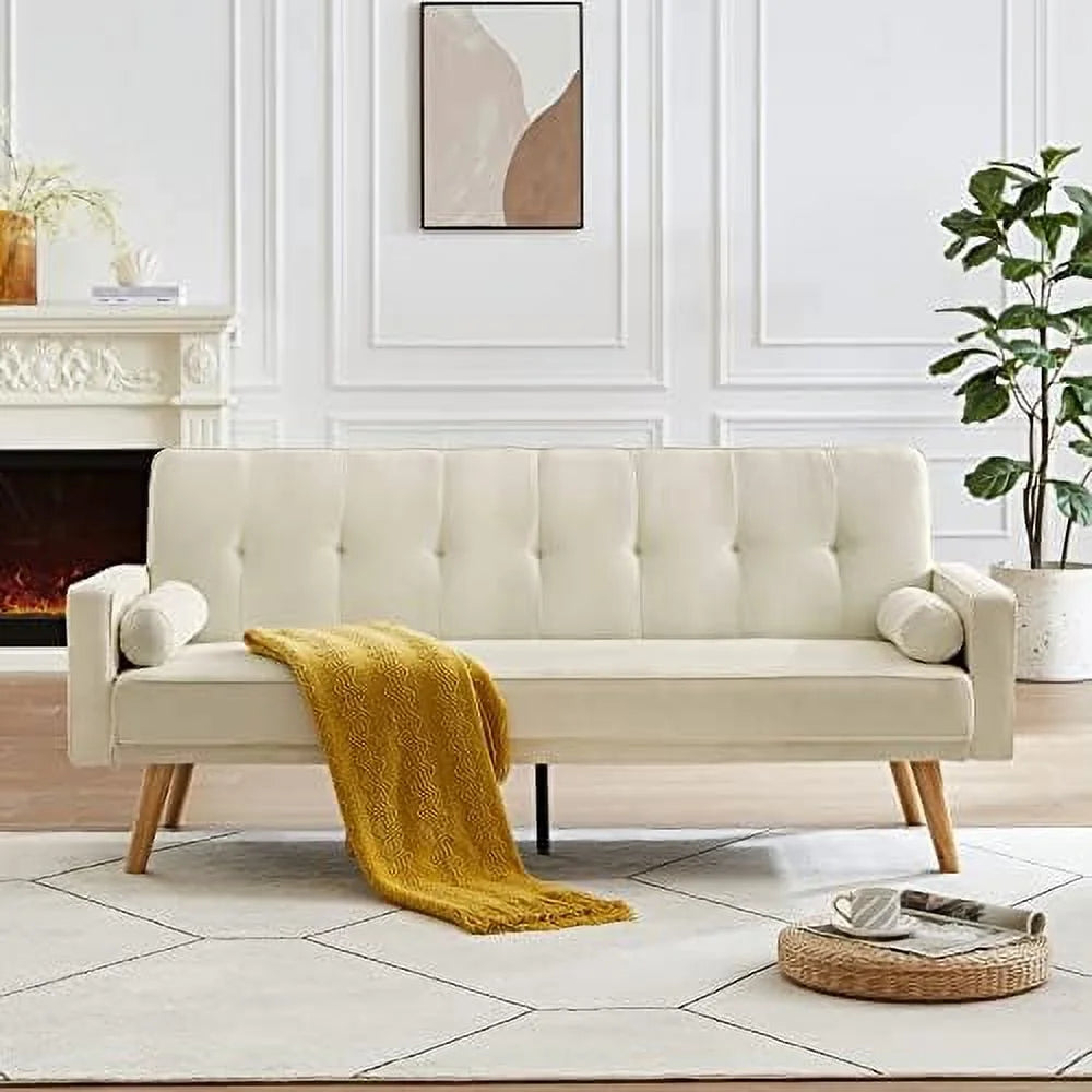 Modern Fabric Sofa Bed Futon Convertible Sleeper Loveseat with 2 Pillows and Armrests 75" Folding Recliner Couch Bed with Solid Wood Legs T84613