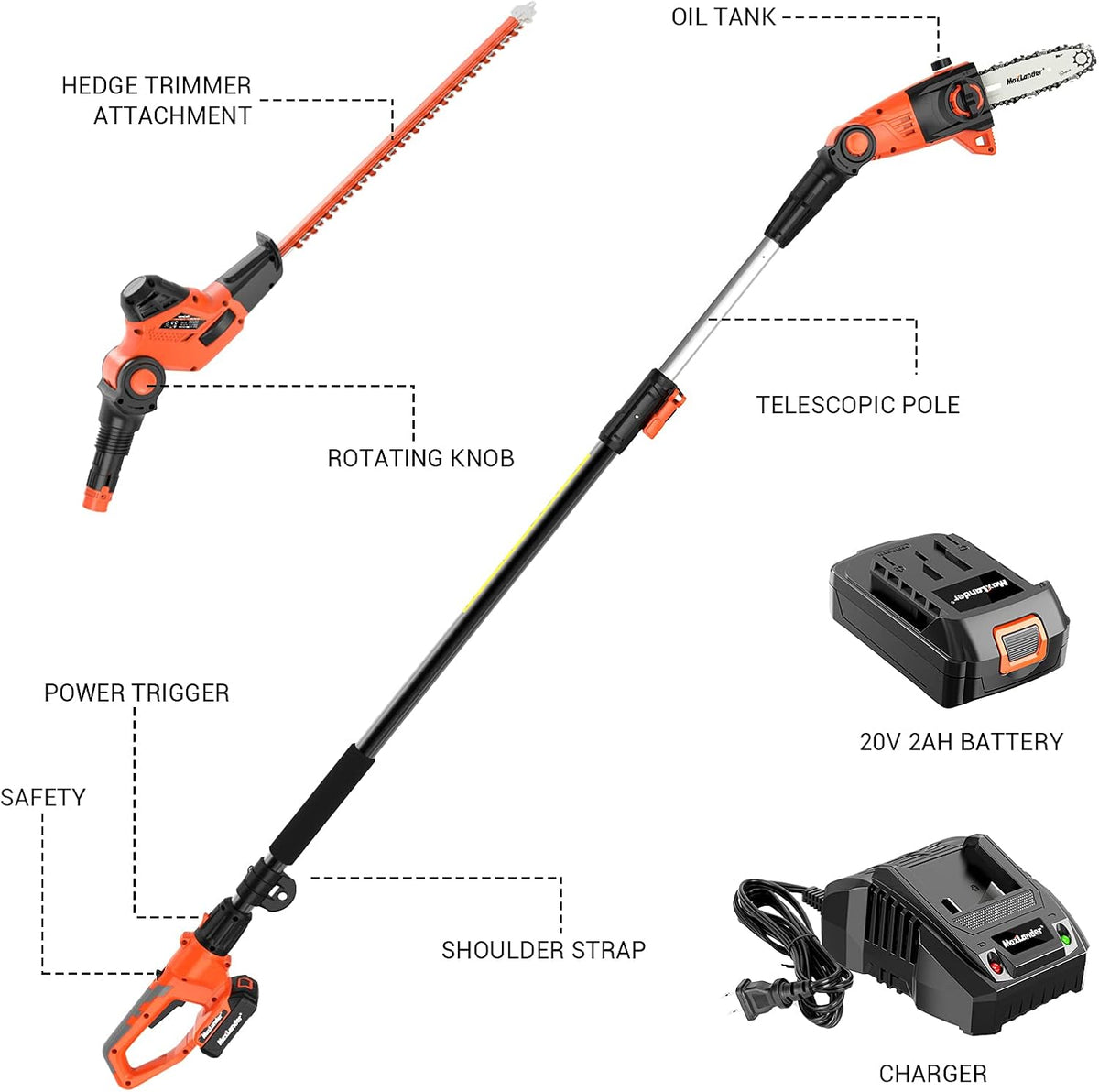 20V Electric Pole Saw Hedge Trimmer 2 in 1 Combo Kit with 2.0Ah Battery and Charger C4207
