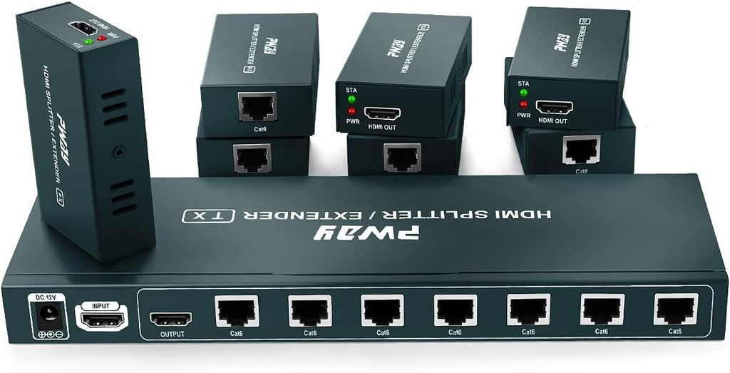 HDMI Extender Splitter 1x7 7 Port Over CAT5E/CAT6/CAT7 Ethernet Cable with HDMI Loop Out & POC Function & EDID Management, Up to 50m at 1080p 60Hz H617