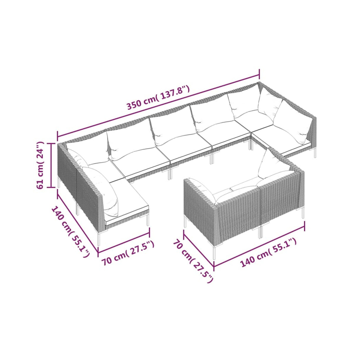 9 Piece Poly Rattan Patio Set with Cushions Dark Gray F4314