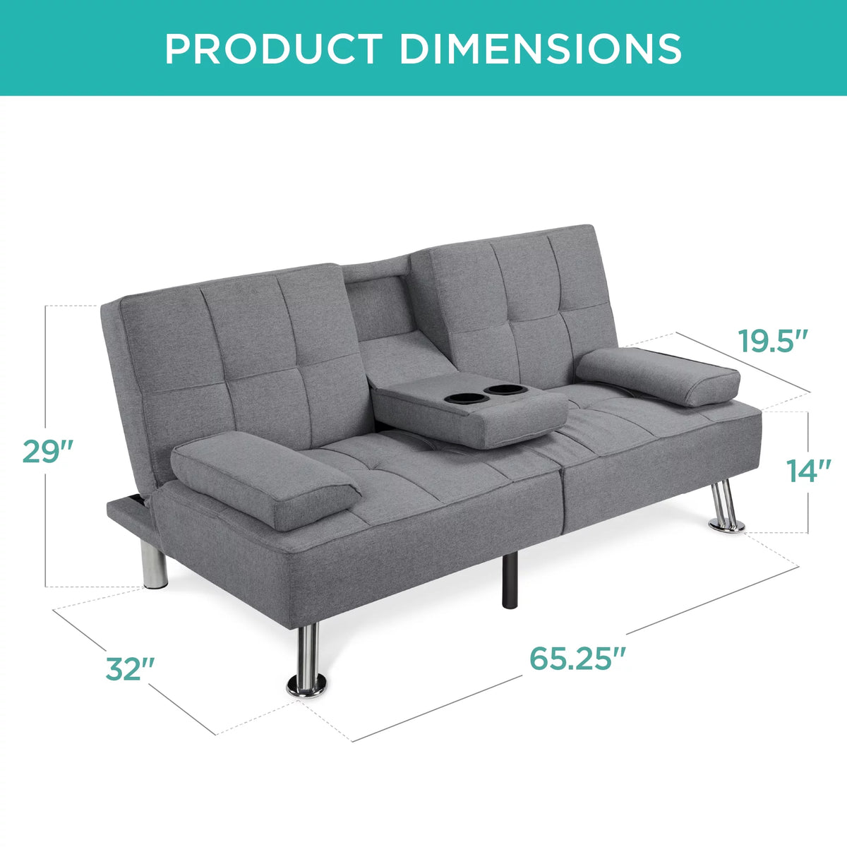 Gray Linen Convertible Futon Sofa Bed with Cupholders I65874