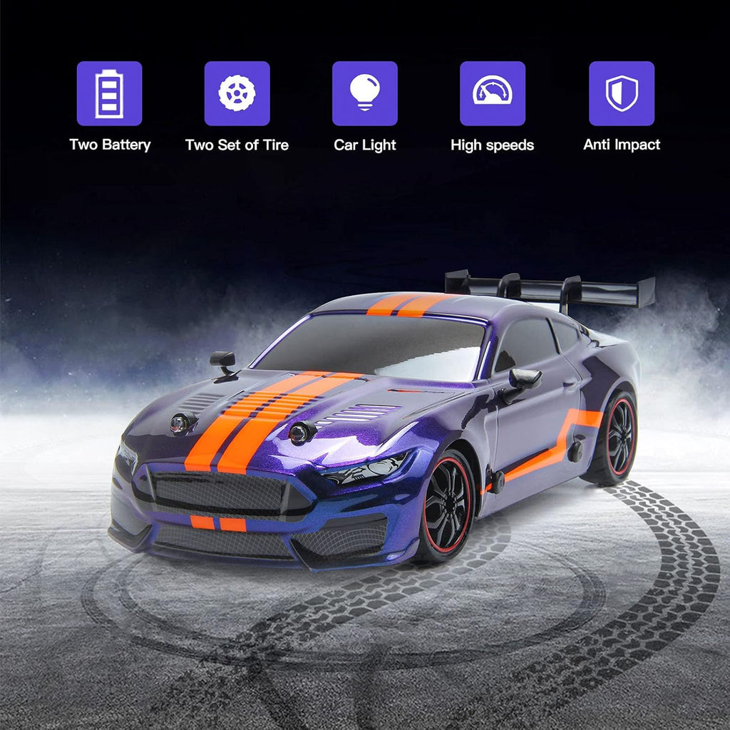 Remote Control Car RC Sport Racing Car 4WD RTR Vehicle with LED Lights, Two Batteries and Drift Tires + Racing Tires S124260