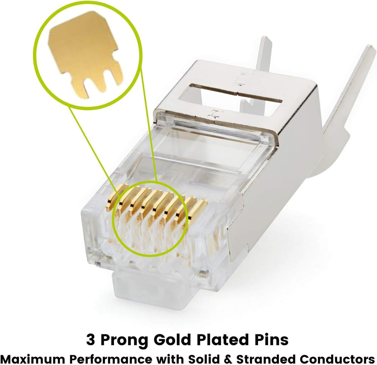 Cat6/6A RJ45 Shielded (STP) Modular Plugs, Gold Plated 3 Prong 8P8C, 50 Pieces W515