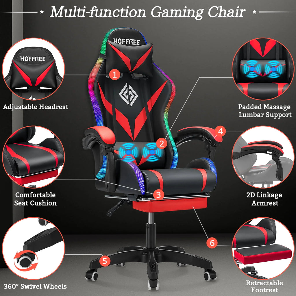Gaming Chair with Speakers PU Leather Footrest LED Lights K38078