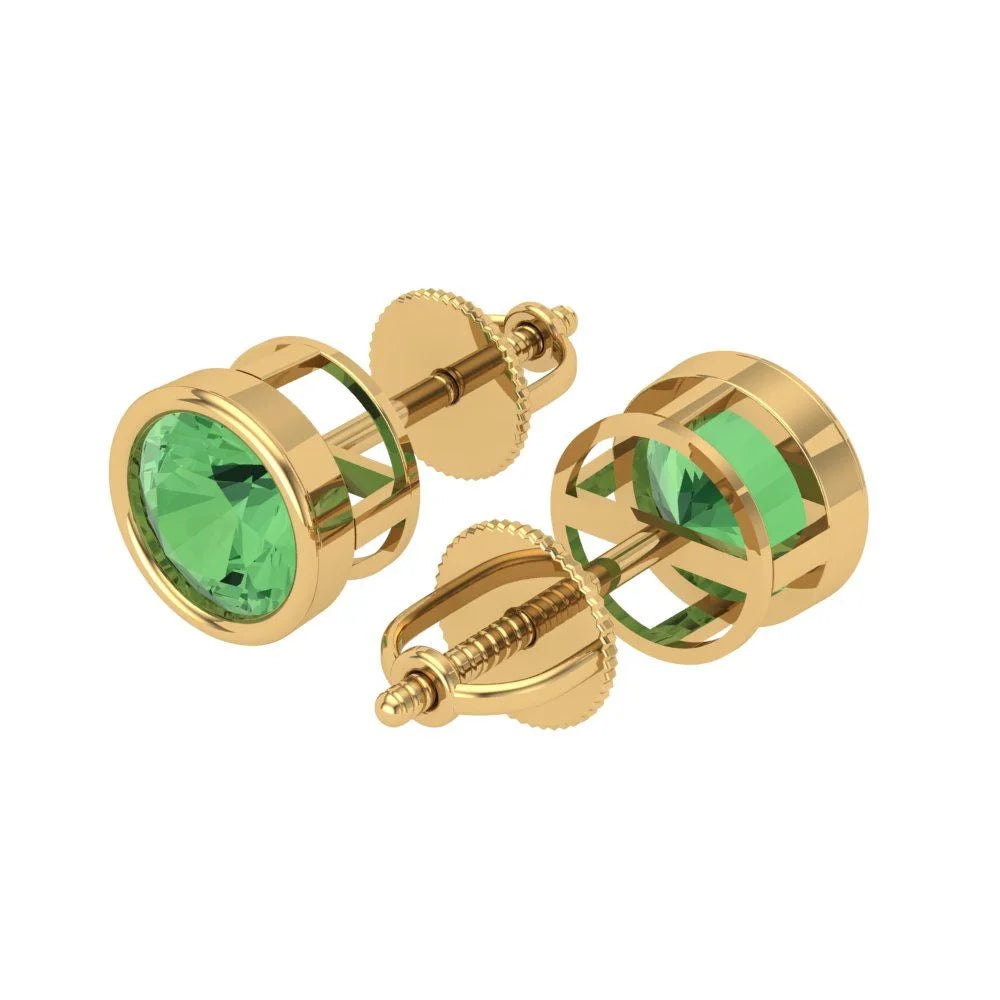 Yellow Gold Solitaire Stud Earrings, 2 Ct Round Cut Simulated Green Diamond, 14K, Screw Back Z916907