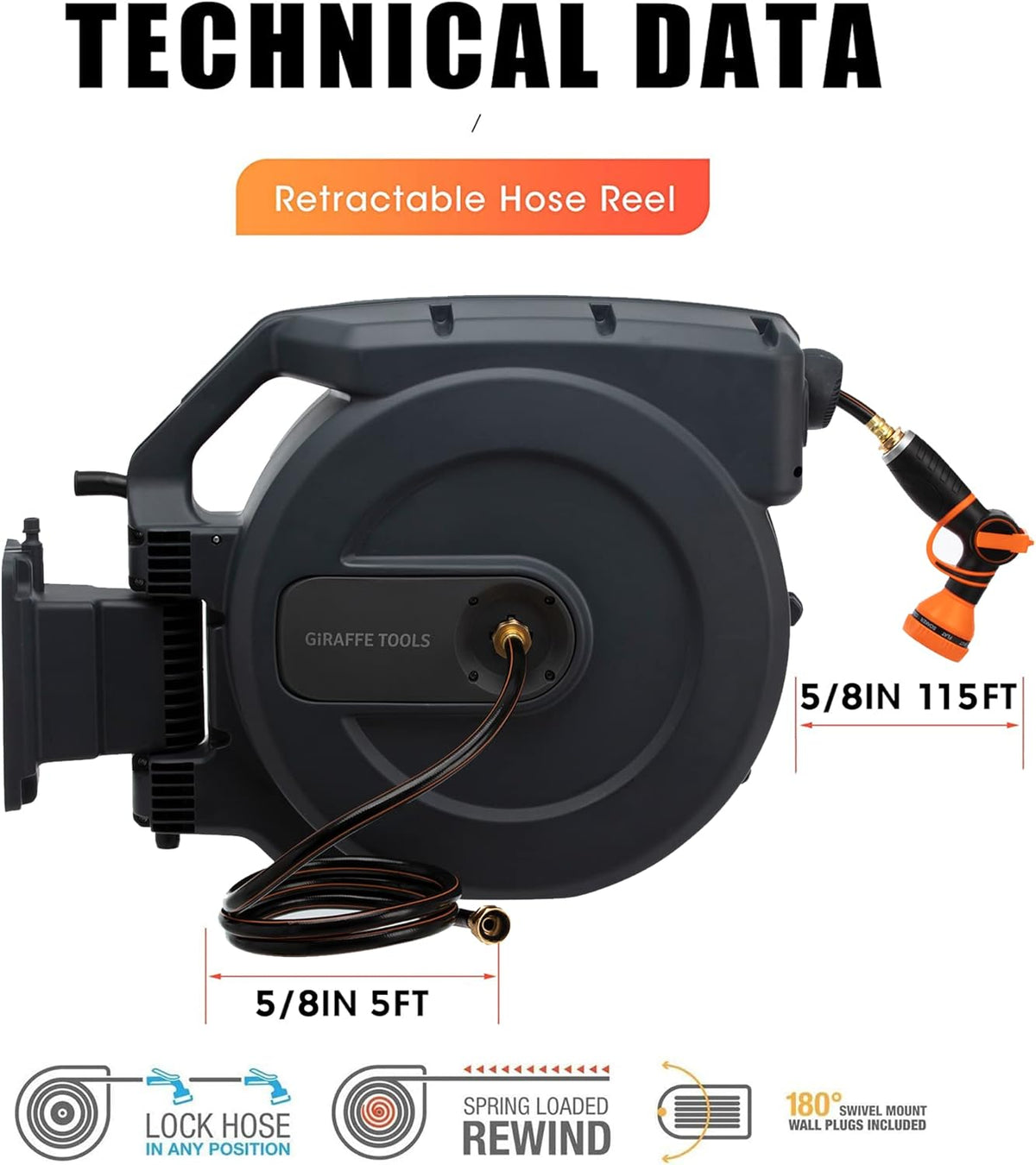 Retractable Wall Mounted Garden Hose Reel, 5/8" x 115+5 ft, Automatic Rewind K2436