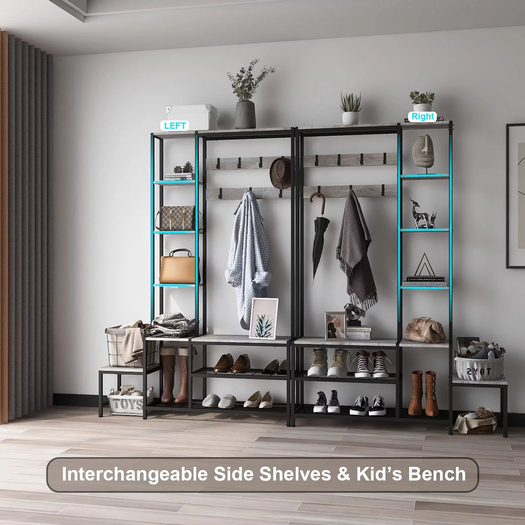 Hall Tree with Shoe Storage Bench, Coat Rack with 7 Hooks, 4 Tier Side Shelves S2982