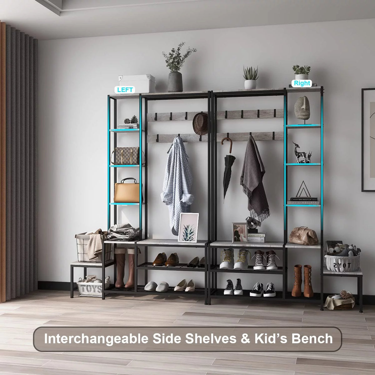 Hall Tree with Shoe Storage Bench, Coat Rack with 7 Hooks, 4 Tier Side Shelves S2982
