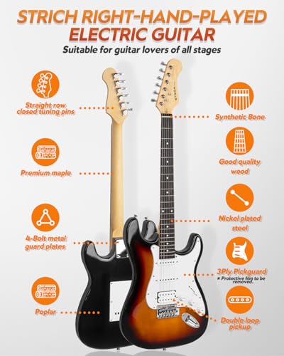 39" Full Size Electric Guitar HSS Pick Up with 10W Amp, Bag, Digital Tuner, Capo, Strap, String, Cable, Picks M6362