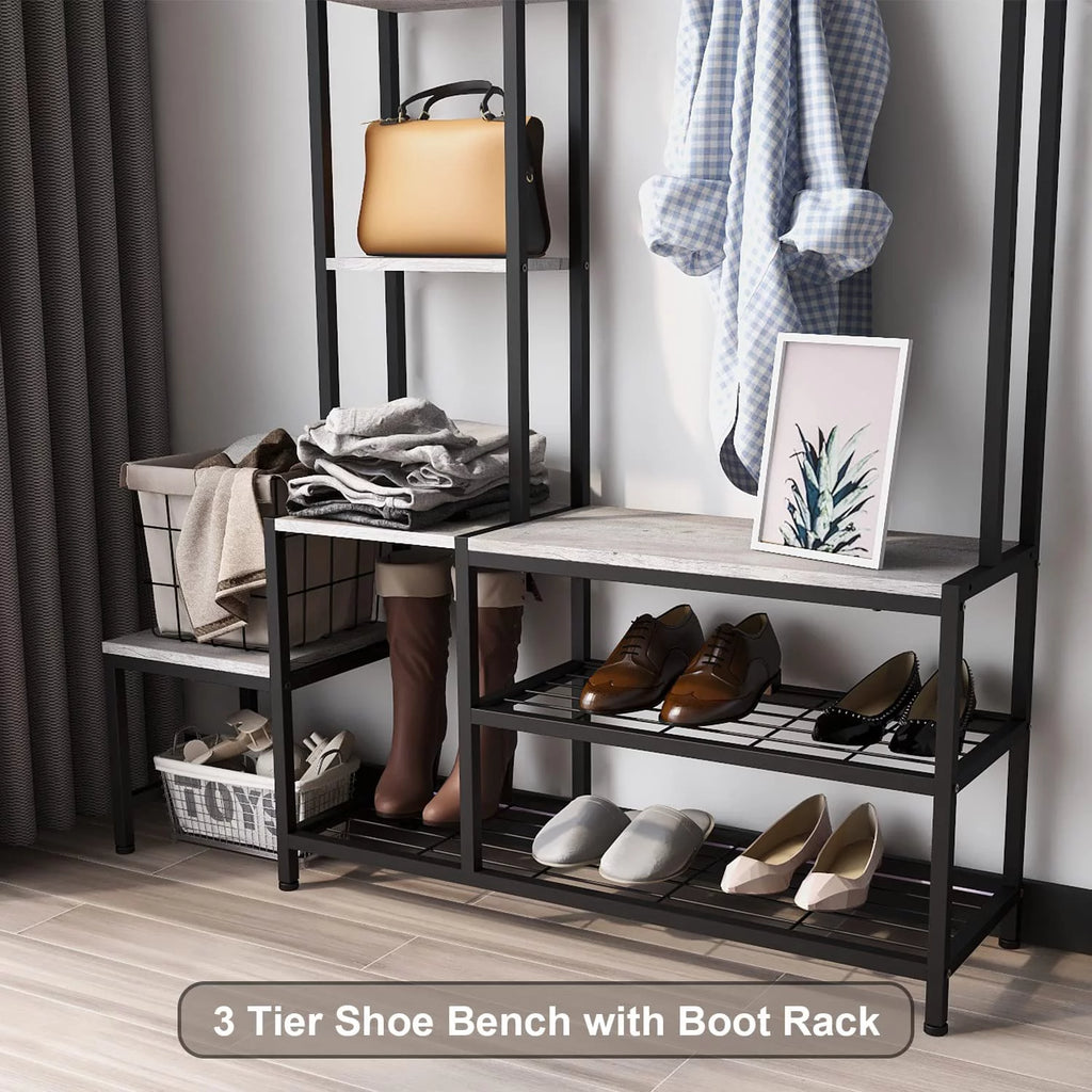 Hall Tree with Shoe Storage Bench, Coat Rack with 7 Hooks, 4 Tier Side Shelves S2982