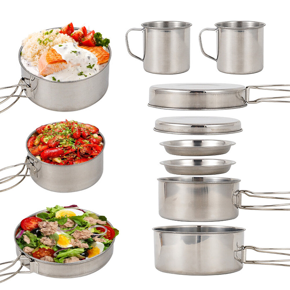 Stainless Steel Camping Cookware Mess Kit 8PCS with Plates Cups D507