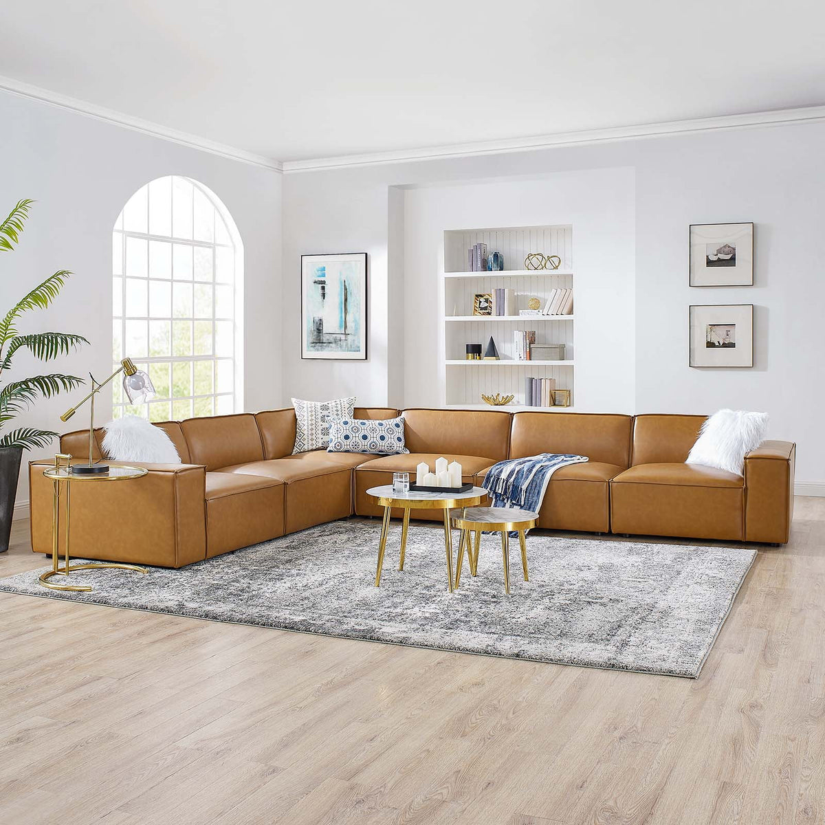 Tan 6-Piece Vegan Leather Sectional Sofa I79025