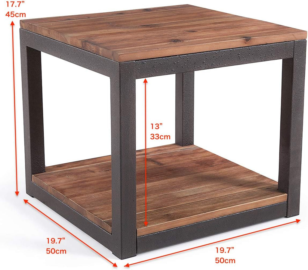 Vintage Industrial Side End Table with Storage Shelf, Reclaimed Wood, Rustic Brown Metal Frame T177