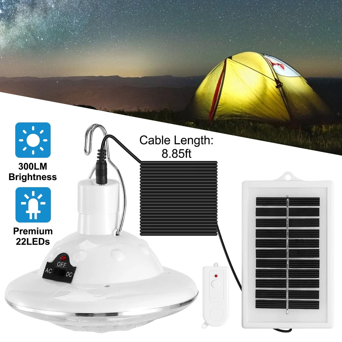 Solar LED Camping Light 300LM Portable Lantern with Remote Control 3 Modes 6500K White F341