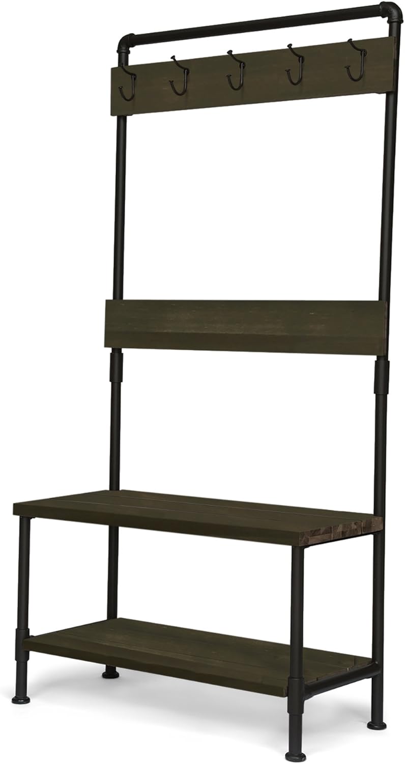 Acacia Wood Bench with Shelf and Coat Hooks U427953
