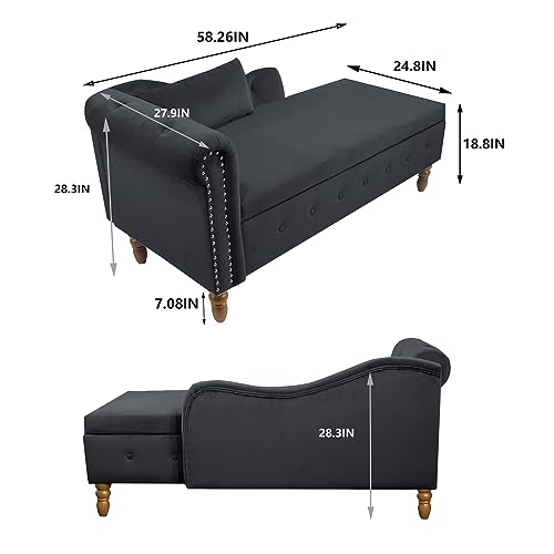 Black Velvet Chaise Lounge with Storage and Pillow D4433