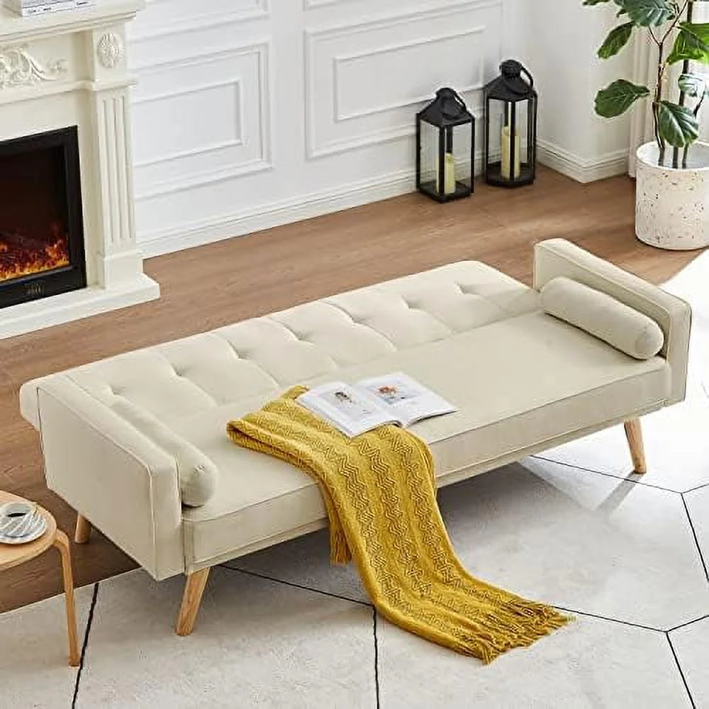 Modern Fabric Sofa Bed Futon Convertible Sleeper Loveseat with 2 Pillows and Armrests 75" Folding Recliner Couch Bed with Solid Wood Legs T84613