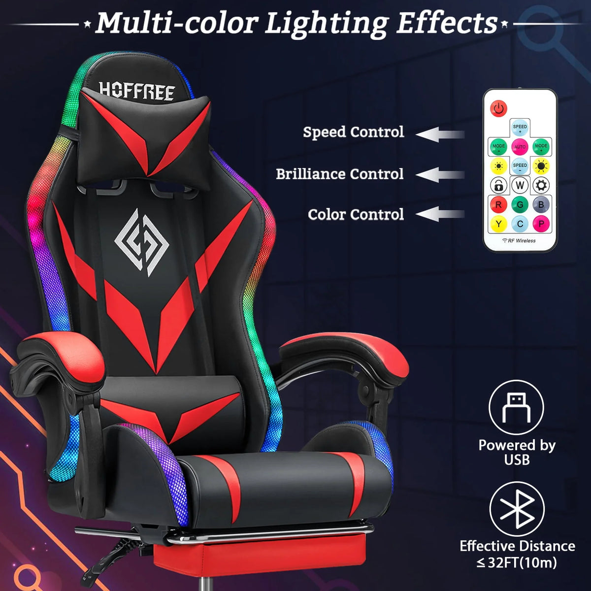 Gaming Chair with Speakers PU Leather Footrest LED Lights K38078