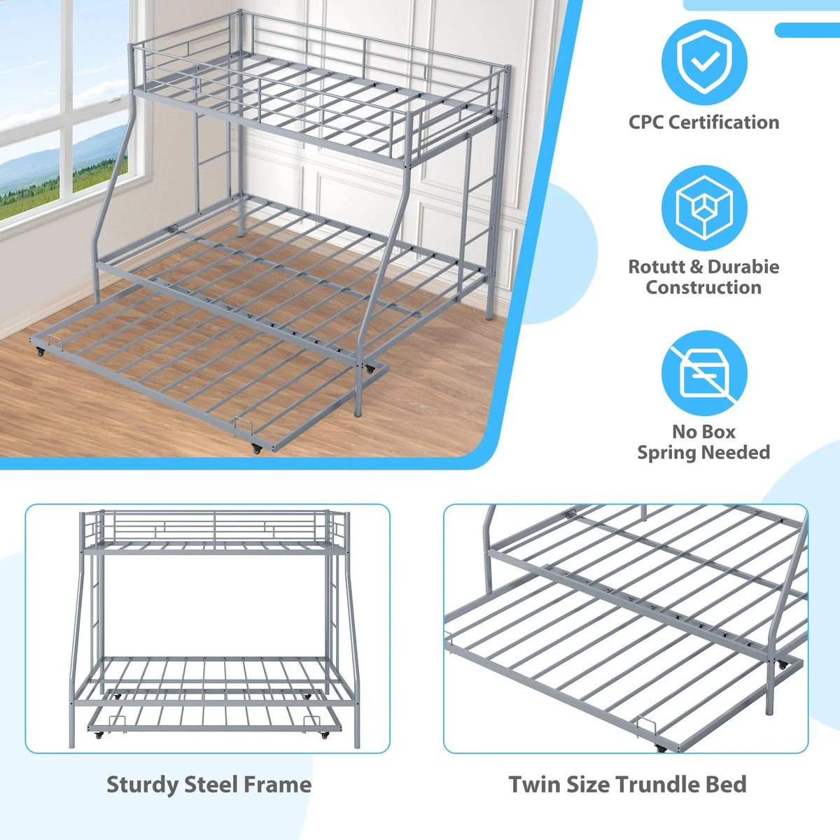 Black Twin Over Full Metal Bunk Beds with Trundle E3455