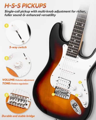39" Full Size Electric Guitar HSS Pick Up with 10W Amp, Bag, Digital Tuner, Capo, Strap, String, Cable, Picks M6362