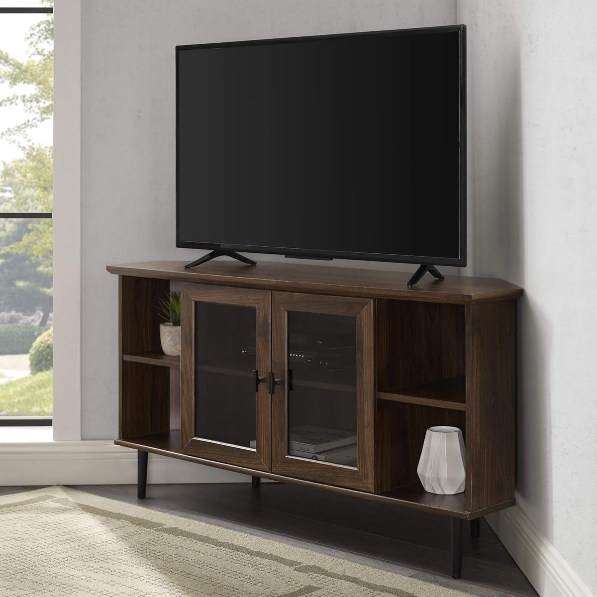 Dark Walnut 48 Inch Wood Corner TV Stand with Glass Cabinet Doors Q43106