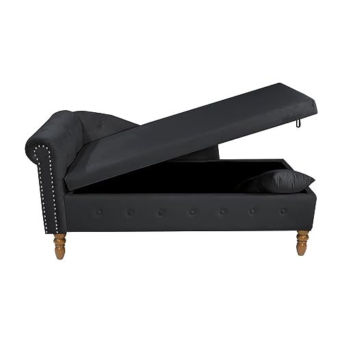 Black Velvet Chaise Lounge with Storage and Pillow D4433