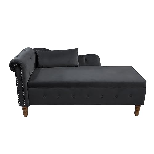 Black Velvet Chaise Lounge with Storage and Pillow D4433