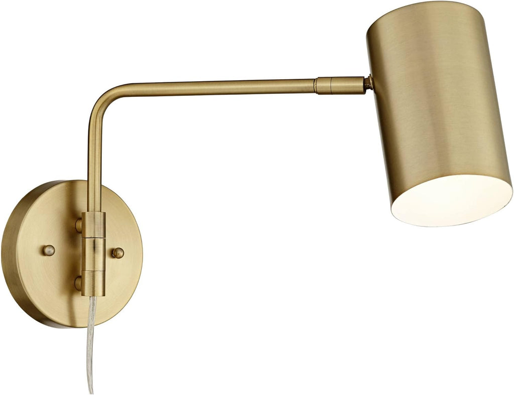 Swing Arm Wall Lamps Set of 2 Brushed Brass Metal Plug-in Light Fixture Cylinder Shade V17335