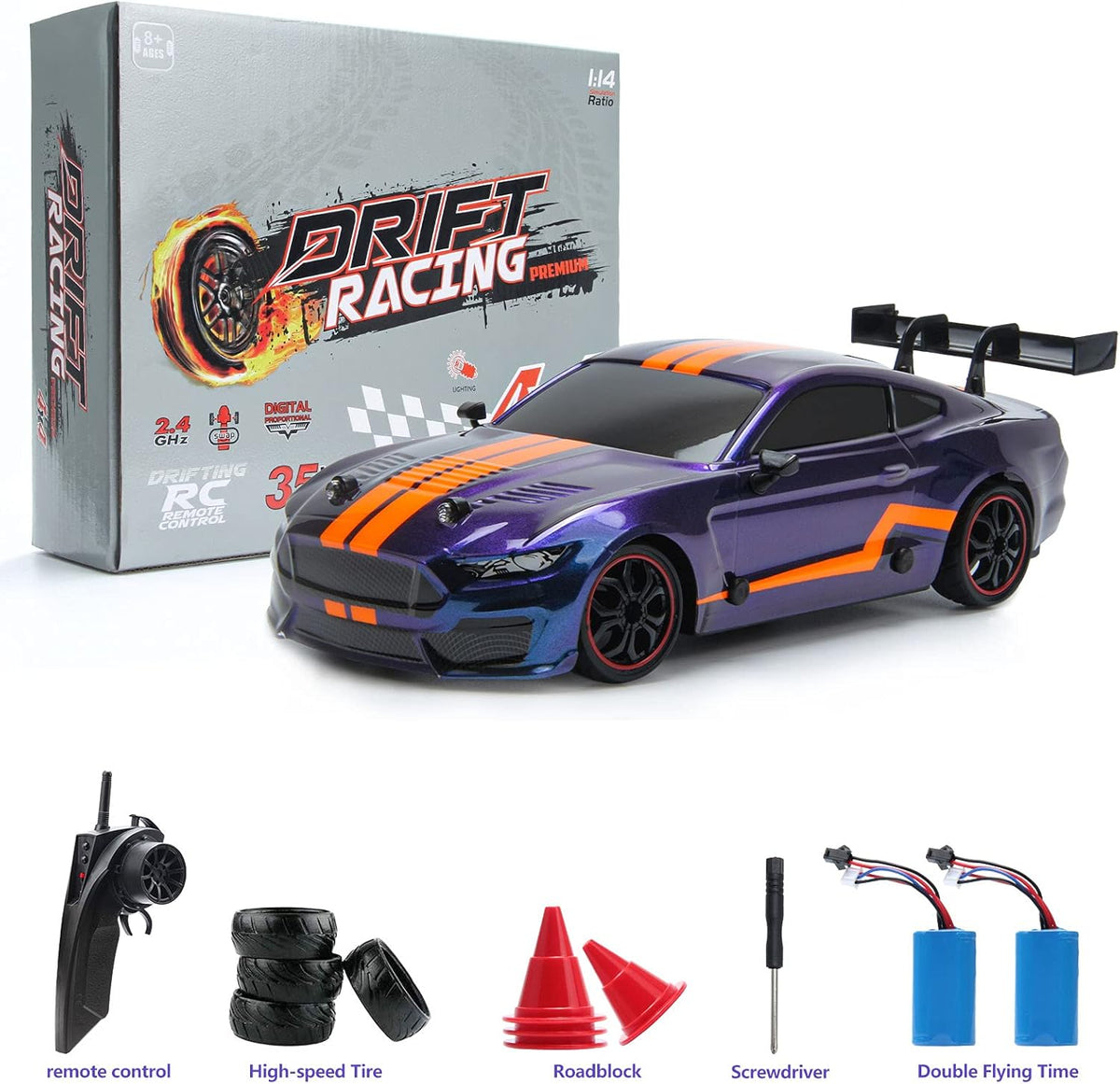 Remote Control Car RC Sport Racing Car 4WD RTR Vehicle with LED Lights, Two Batteries and Drift Tires + Racing Tires S124260