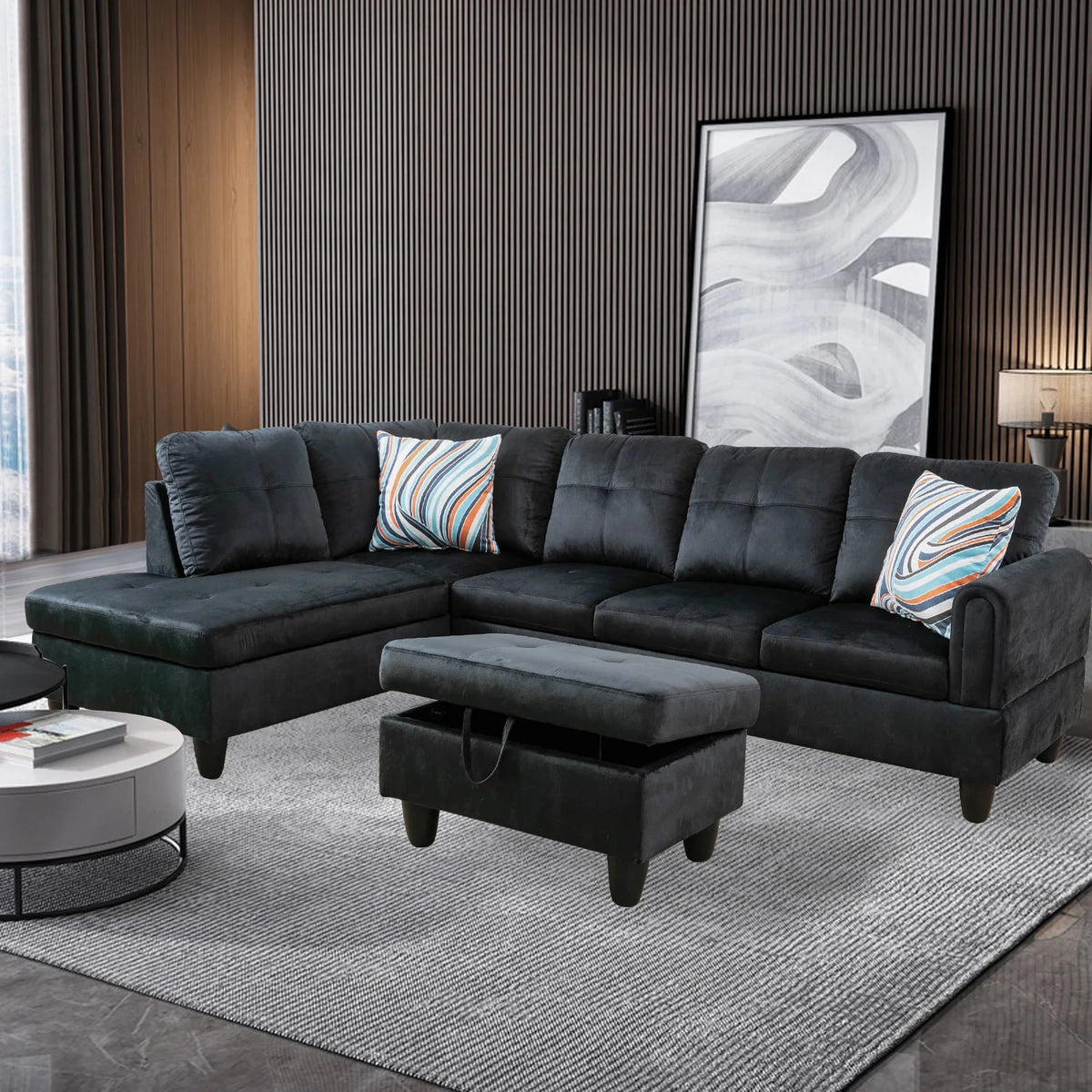 Black Flannel Sofa Set O96955