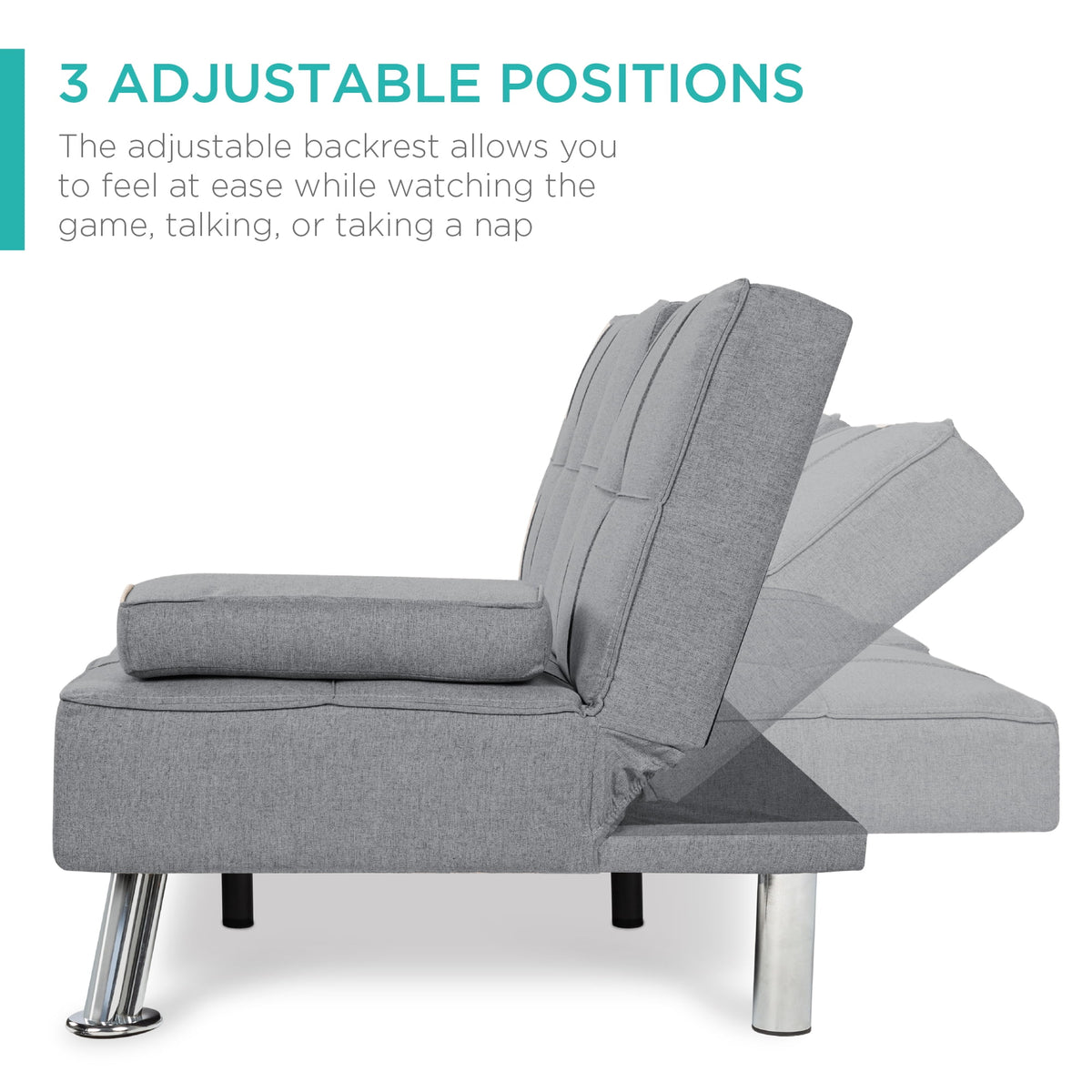 Gray Linen Convertible Futon Sofa Bed with Cupholders I65874